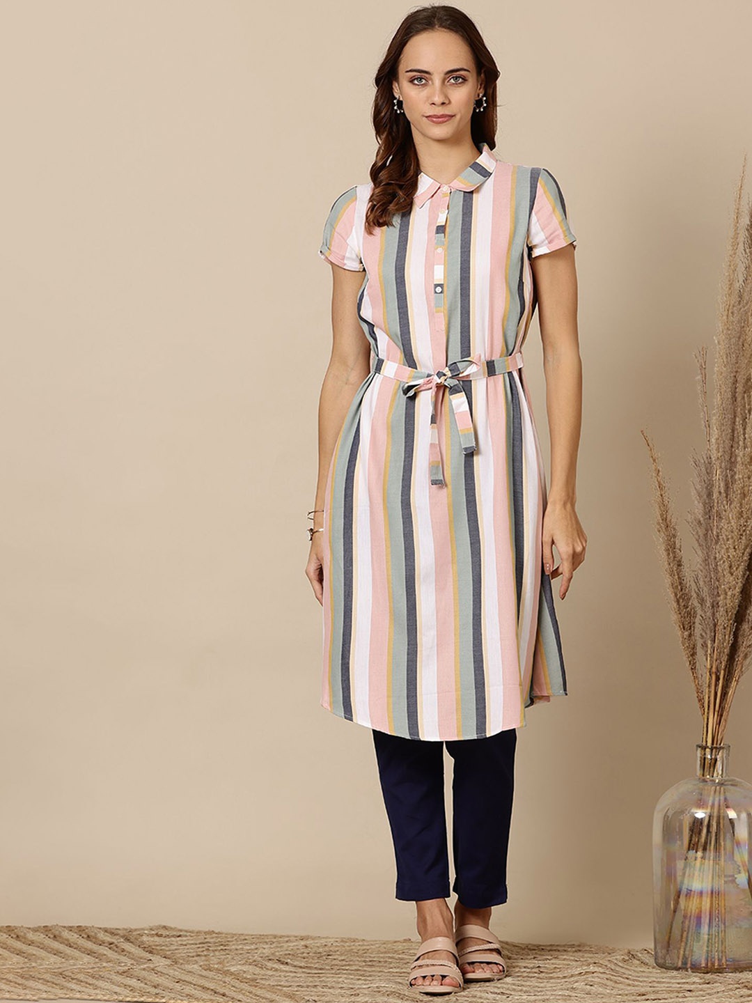 

AURELIA Striped Shirt Collar Kurta A-Line Kurta with Trousers, Peach