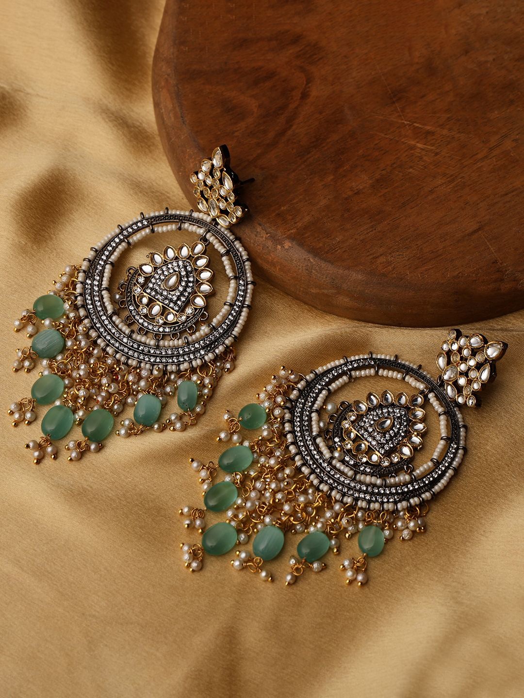 

PATOLA BY VJ 18K Gold-Plated Kundan Studded & Beaded Circular Shaped Chandbalis