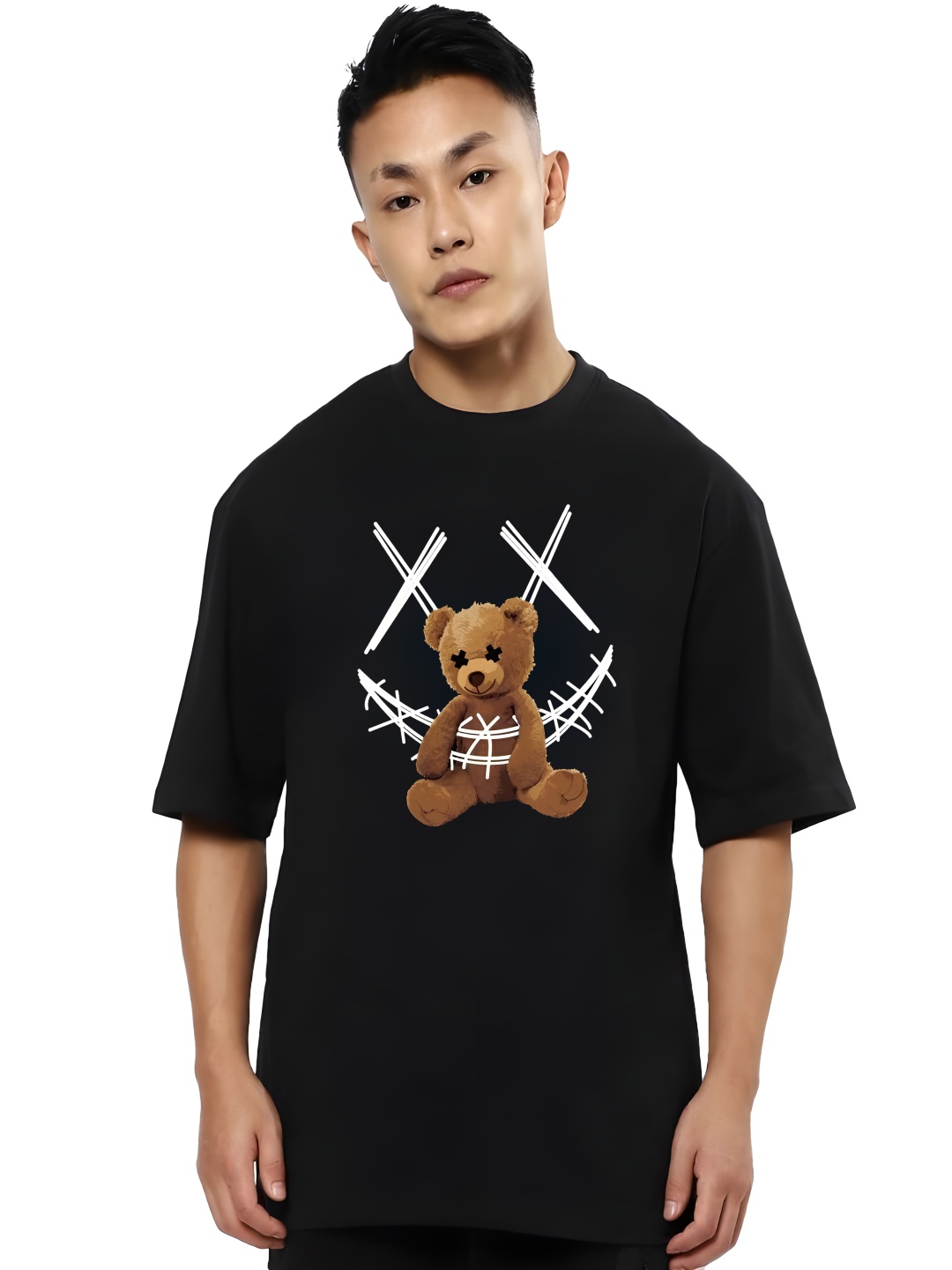

Krimmple Men Graphic Printed Round Neck Cotton Oversized T-shirt, Black