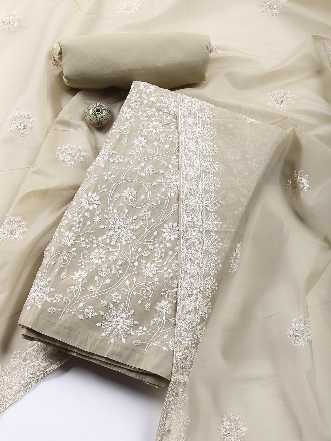 

Meena Bazaar Floral Embroidered Chanderi Unstitched Dress Material, Green