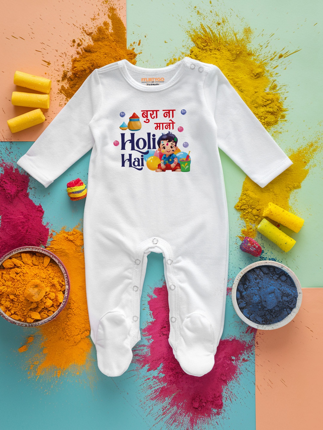 

FFLIRTYGO Infants Holi Printed Pure Cotton Sleepsuit, White