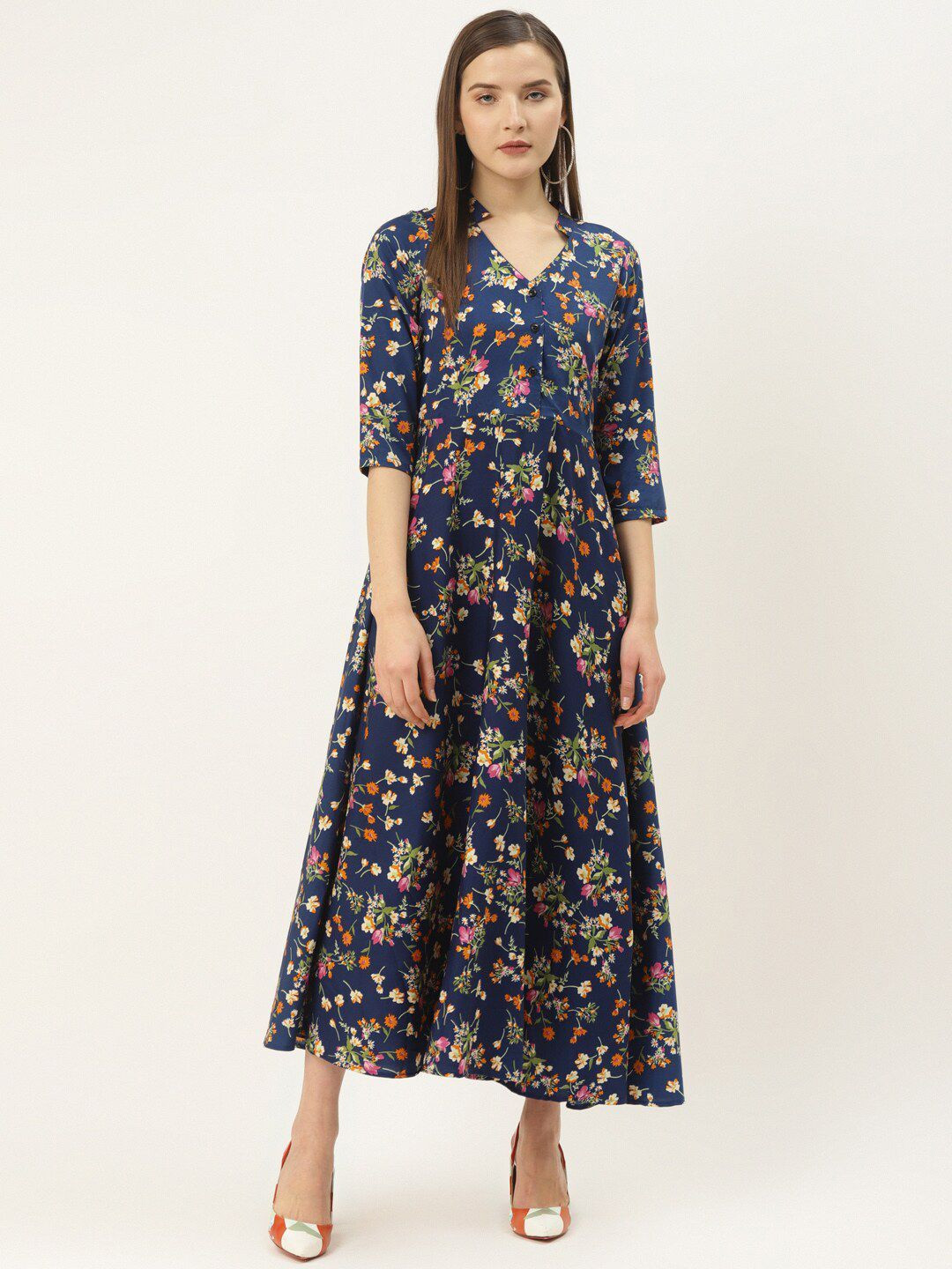 

DressBerry Women Floral Print Mandarin Collar Midi A-Line Dress, Navy blue
