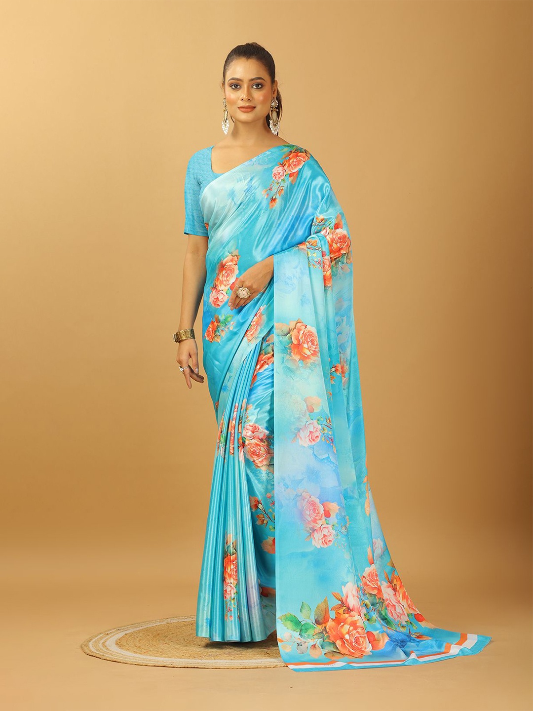 

NIRMAL CREATION Women Floral Printed Pure Crepe Saree, Blue