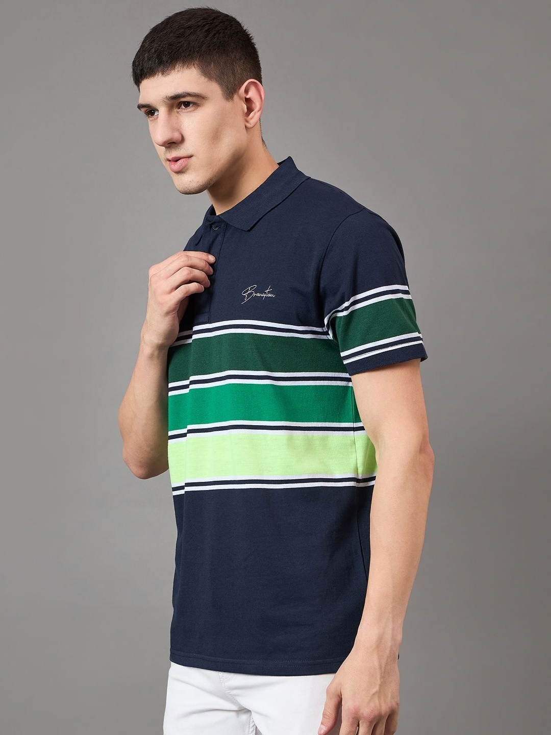 

BRONATION Men Striped Polo Collar Cotton T-shirt, Navy blue