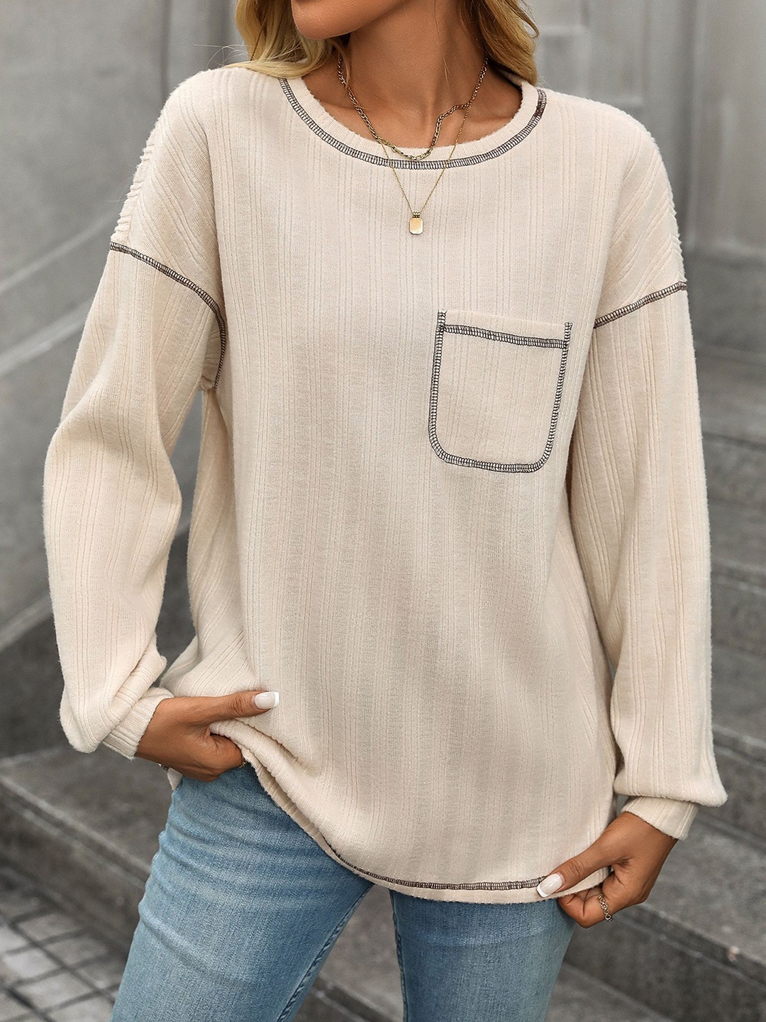 

StyleCast x Revolte Women Round Neck Pullover Sweatshirt, Beige