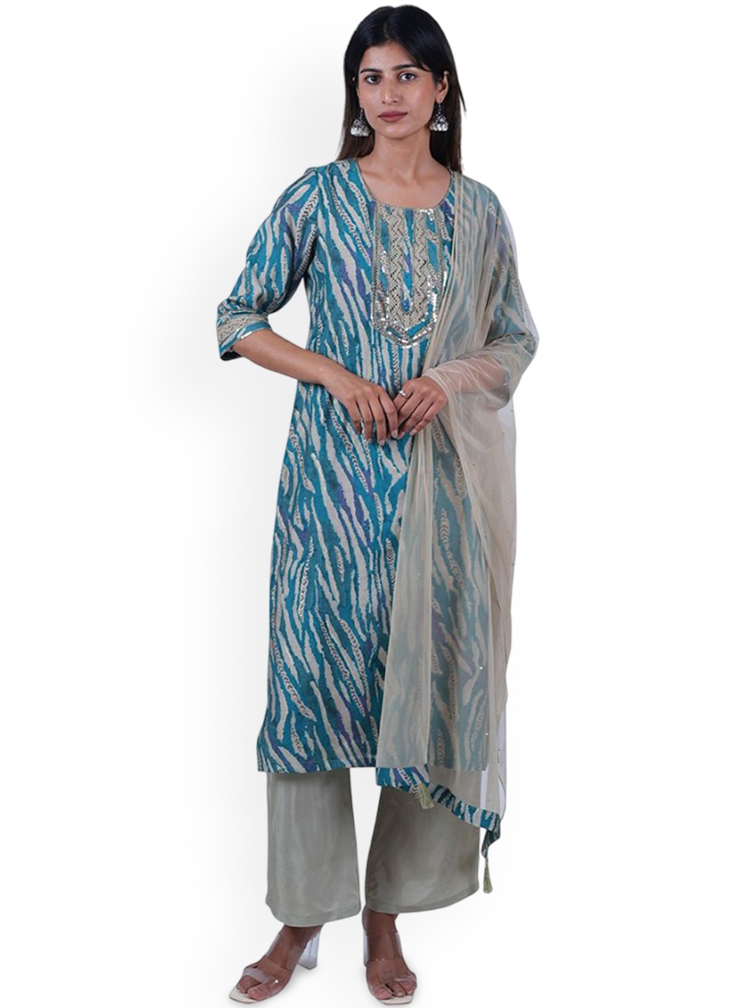 

HOUSE OF PARAL Floral Printed Sequinned Pure Cotton Kurta with Palazzos & Dupatta, Blue