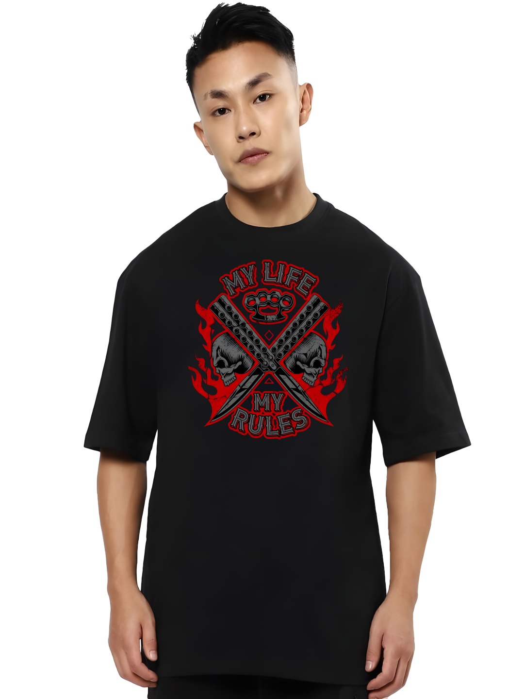 

BOWLIFESTYLE Men Drop-Shoulder Sleeves Pure Cotton T-shirt, Black
