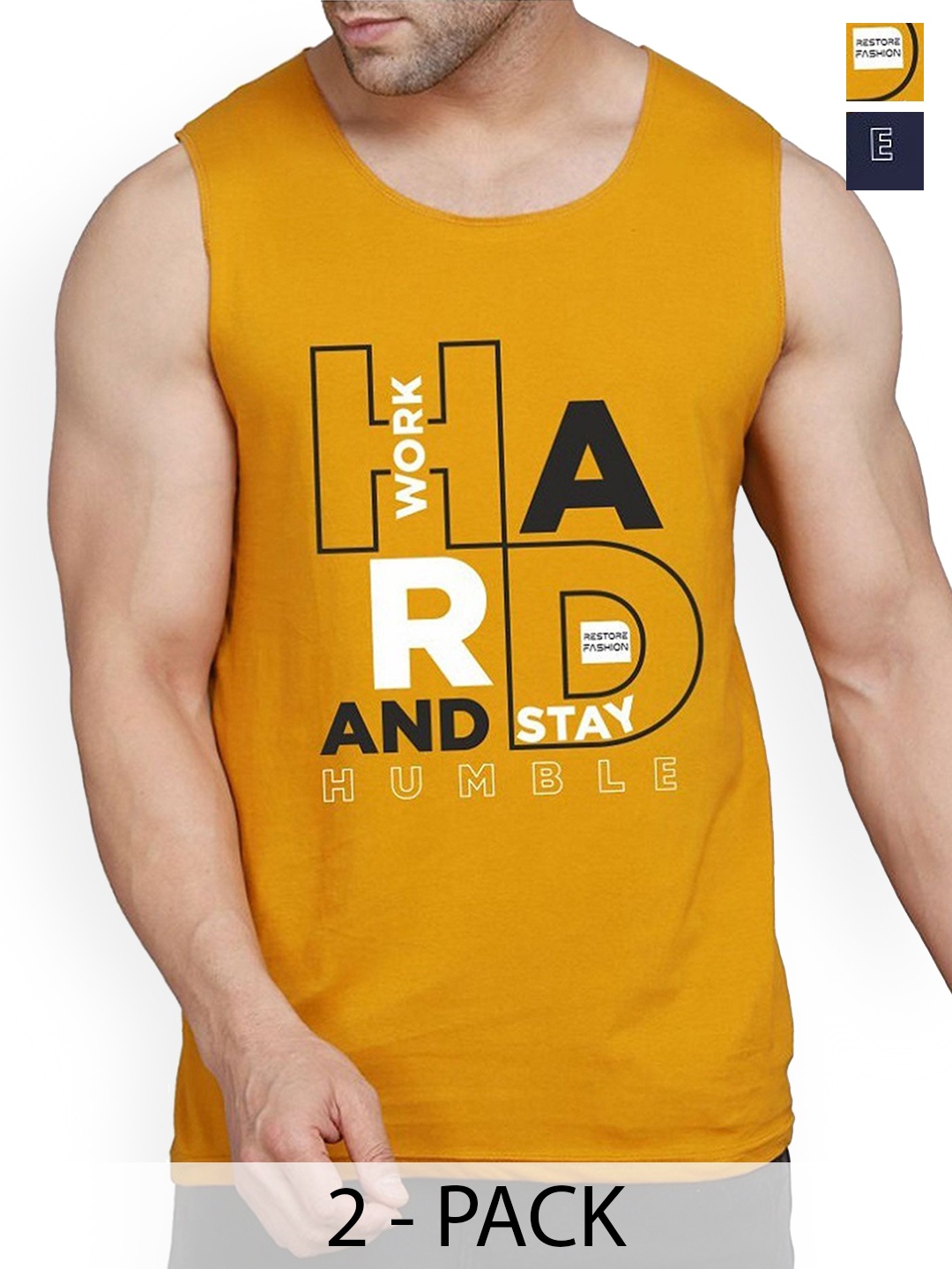 

WOOSTRO Pack Of 2 Printed Cotton Gym Vests RS26 CMB (HARD NAVY) (HARD MUSTARD), Navy blue