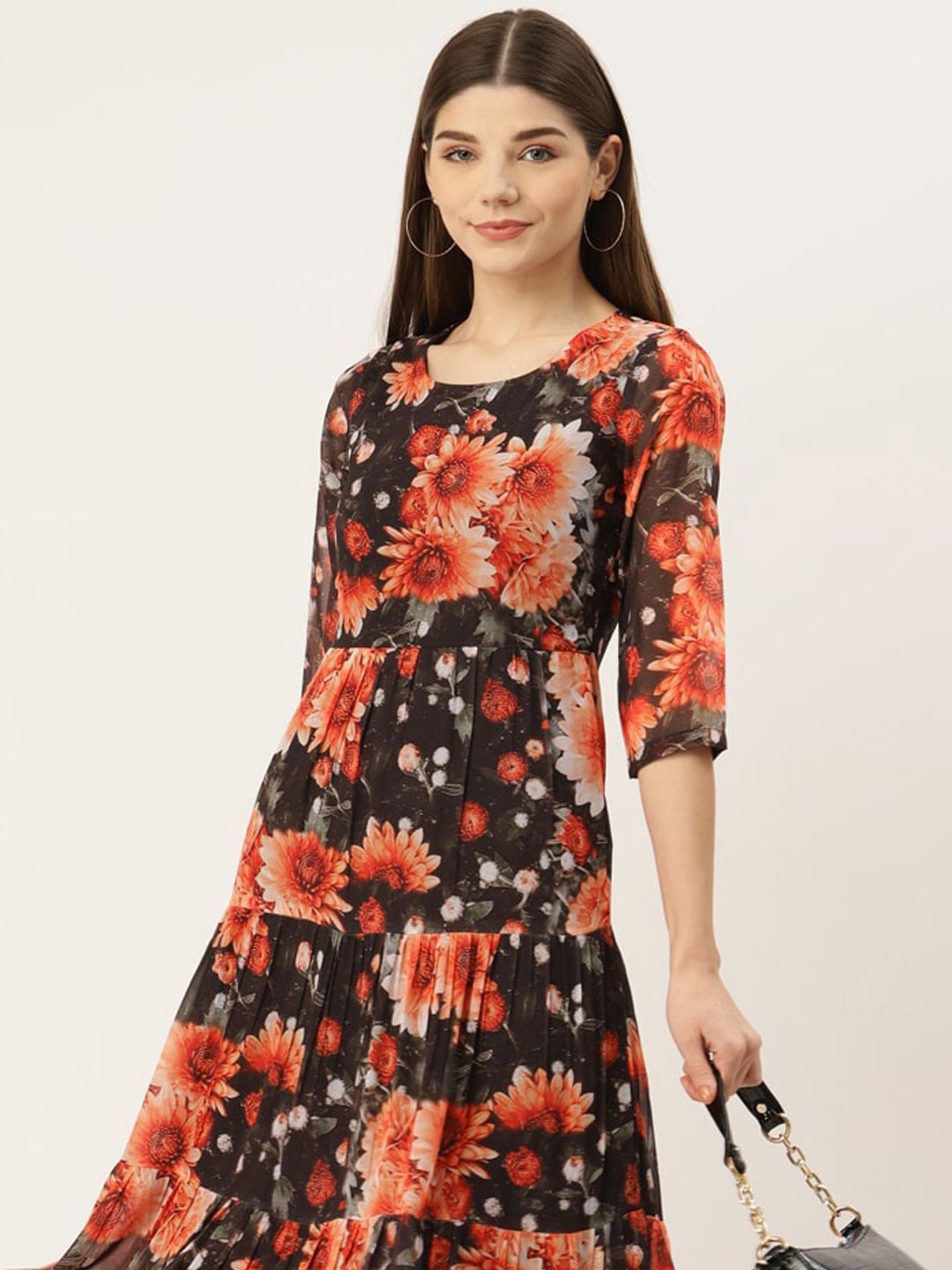 

DressBerry Floral Print Georgette Fit & Flare Midi Dress, Black