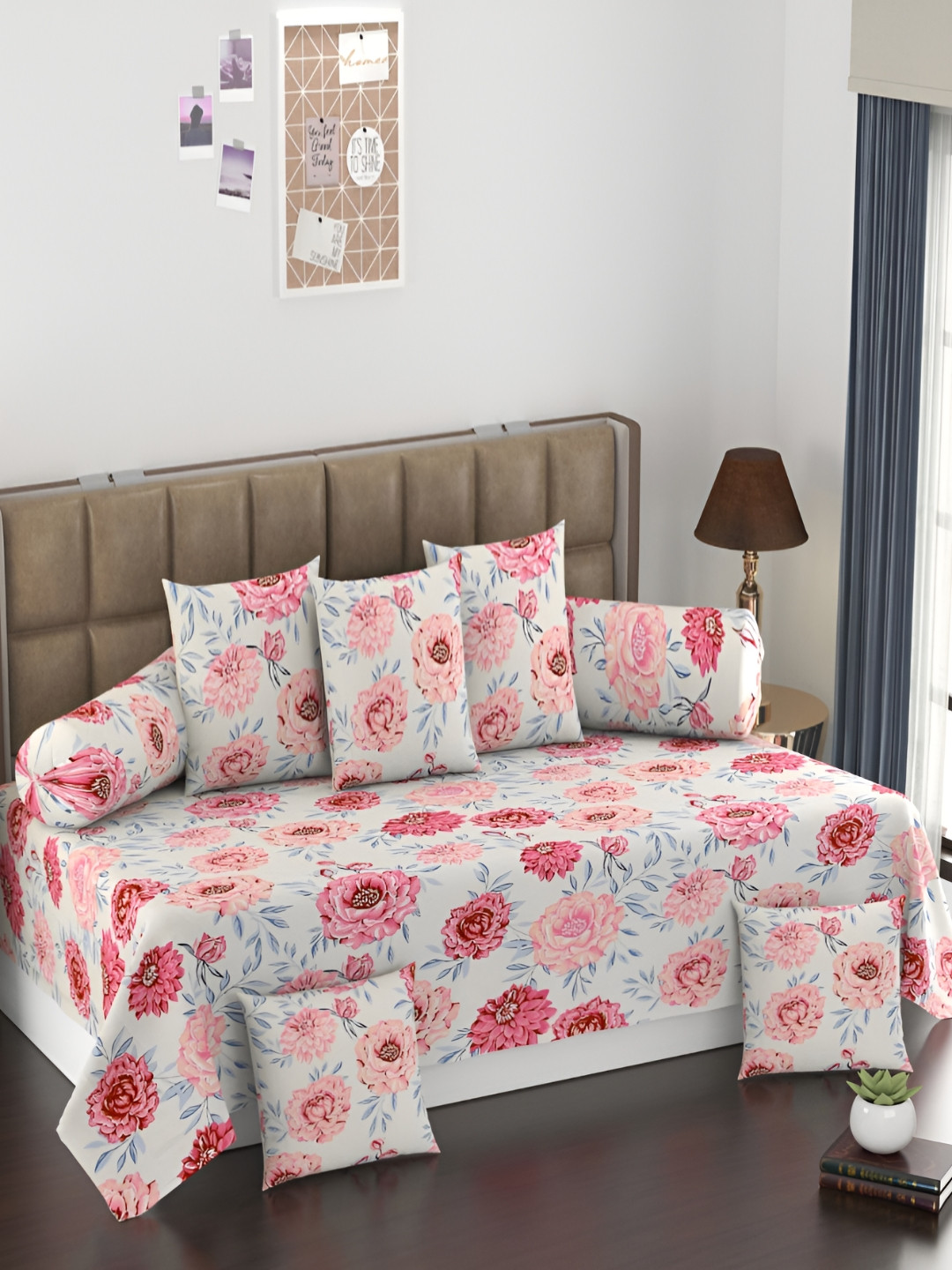 

Jizzby 8-Pcs Cream & Pink Printed240TC DiwanSet, White