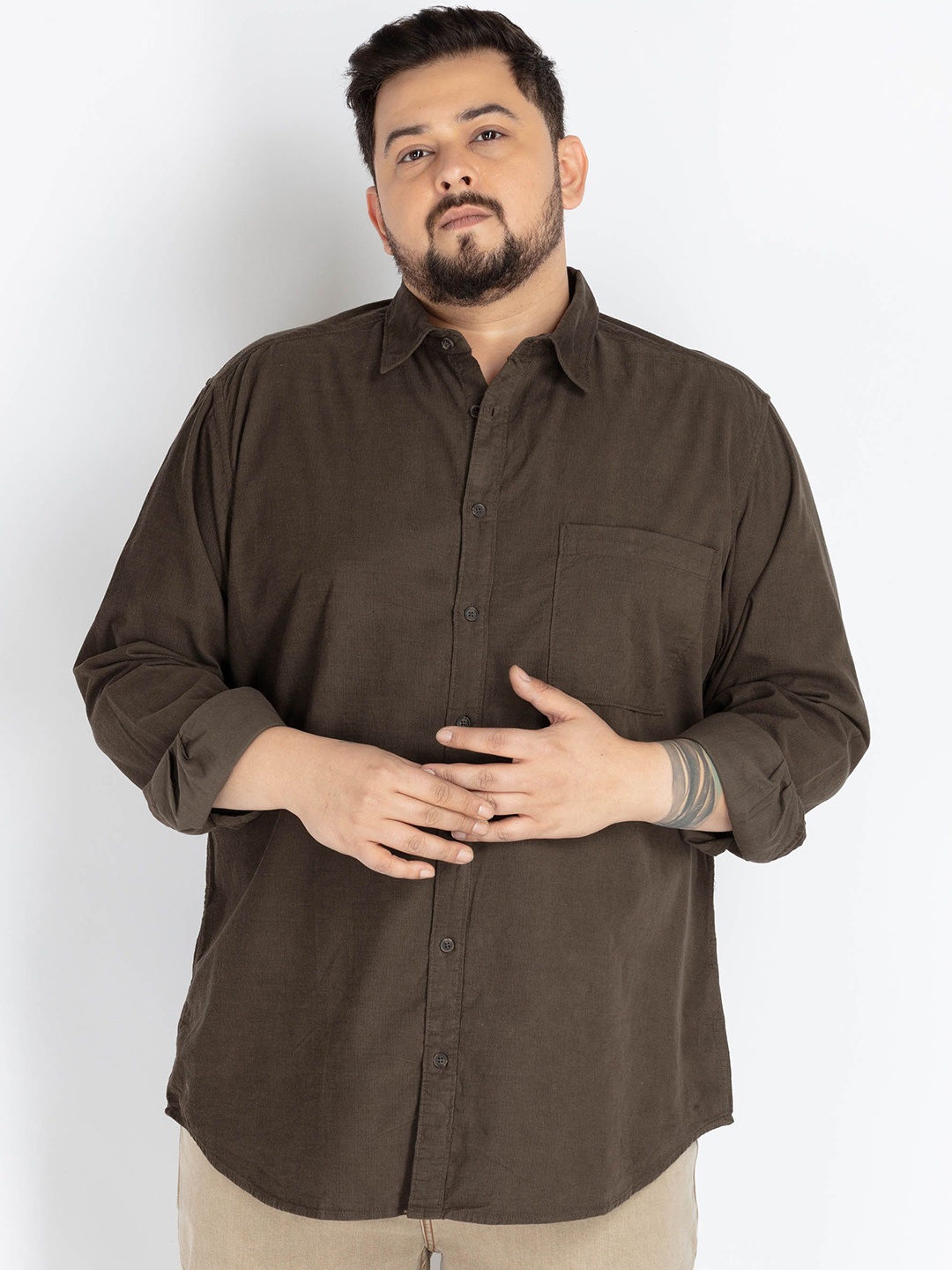 

UNSIZED Men Plus Size Comfort Oversized Fit Spread Collar Solid Corduroy Casual Shirt, Brown