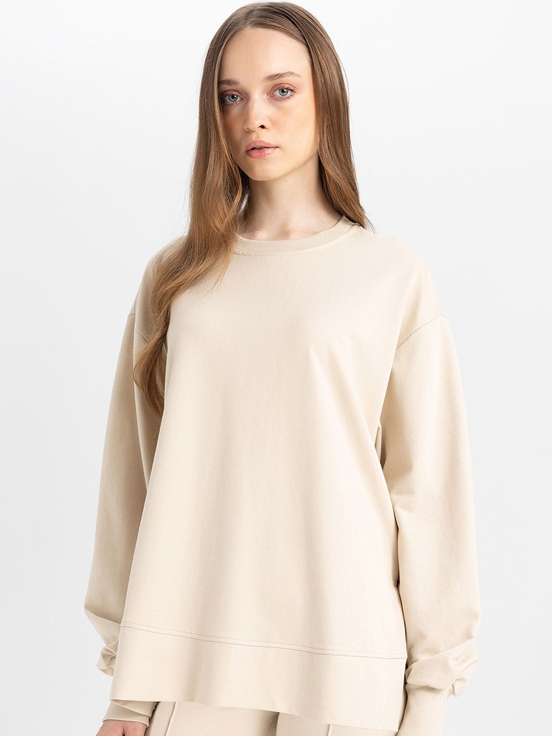 

DeFacto Women Round Neck Cotton Pullover, Beige