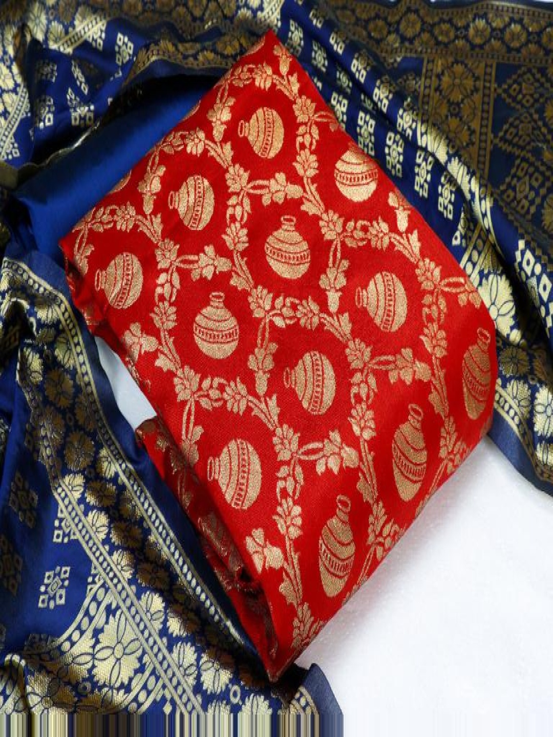 

KALINI Floral Woven Design Printed Pure Silk Unstitched Dress Material, Red