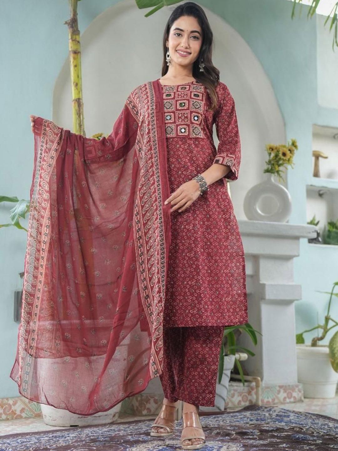 

KALINI Floral Printed Round Neck Mirror Work Straight Kurta With Trousers And Dupatta, Red