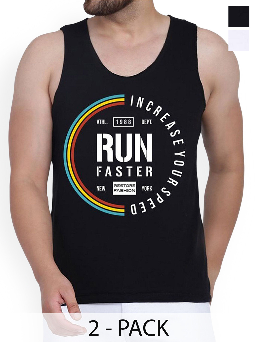 

WOOSTRO Pack Of 2 Printed Combed Cotton Gym Vest RS26 CMB (HARD WHITE) (RUN BLACK)