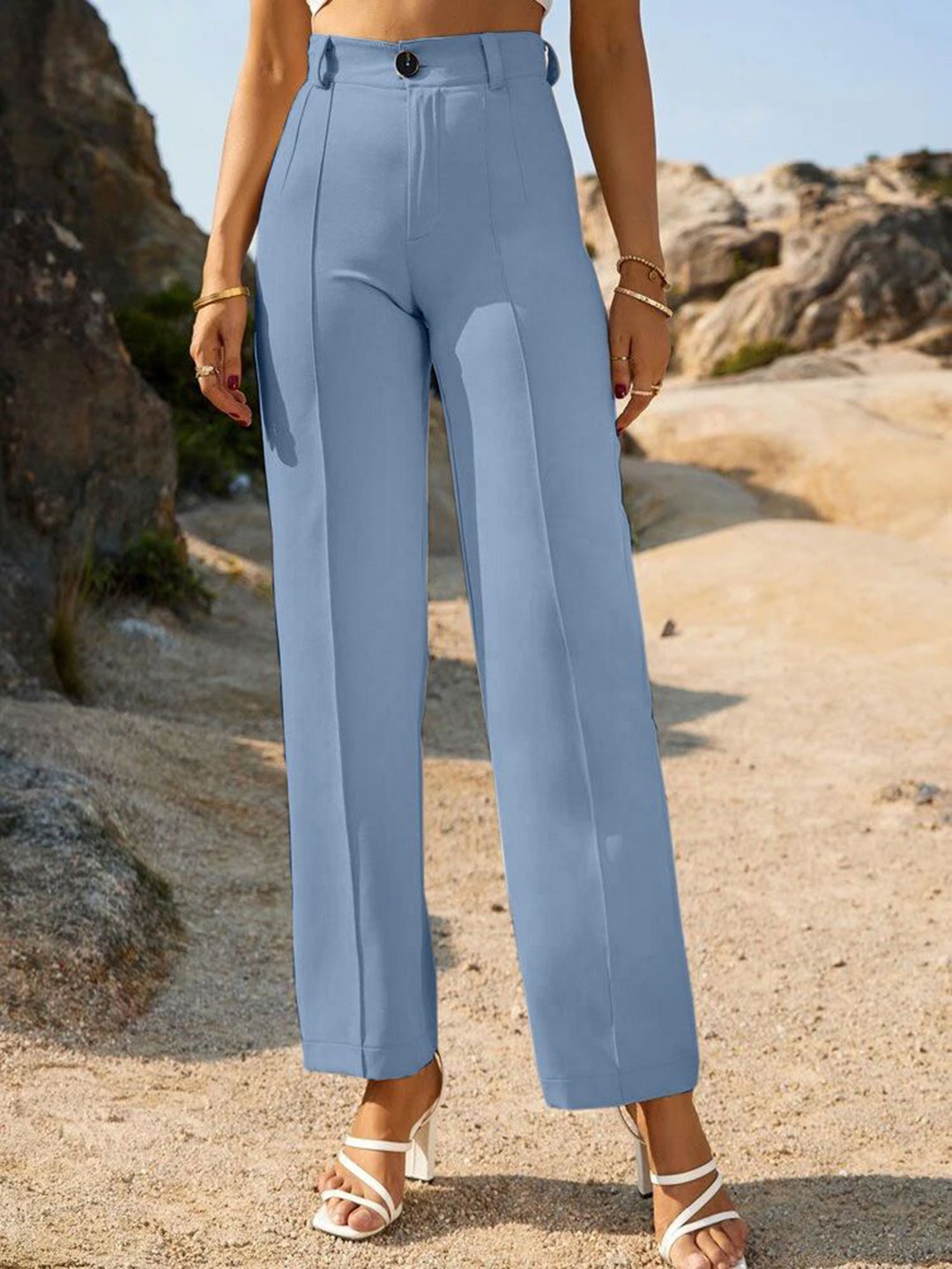 

Jinax Women Relaxed Fit Mid-Rise Formal Trousers, Turquoise blue