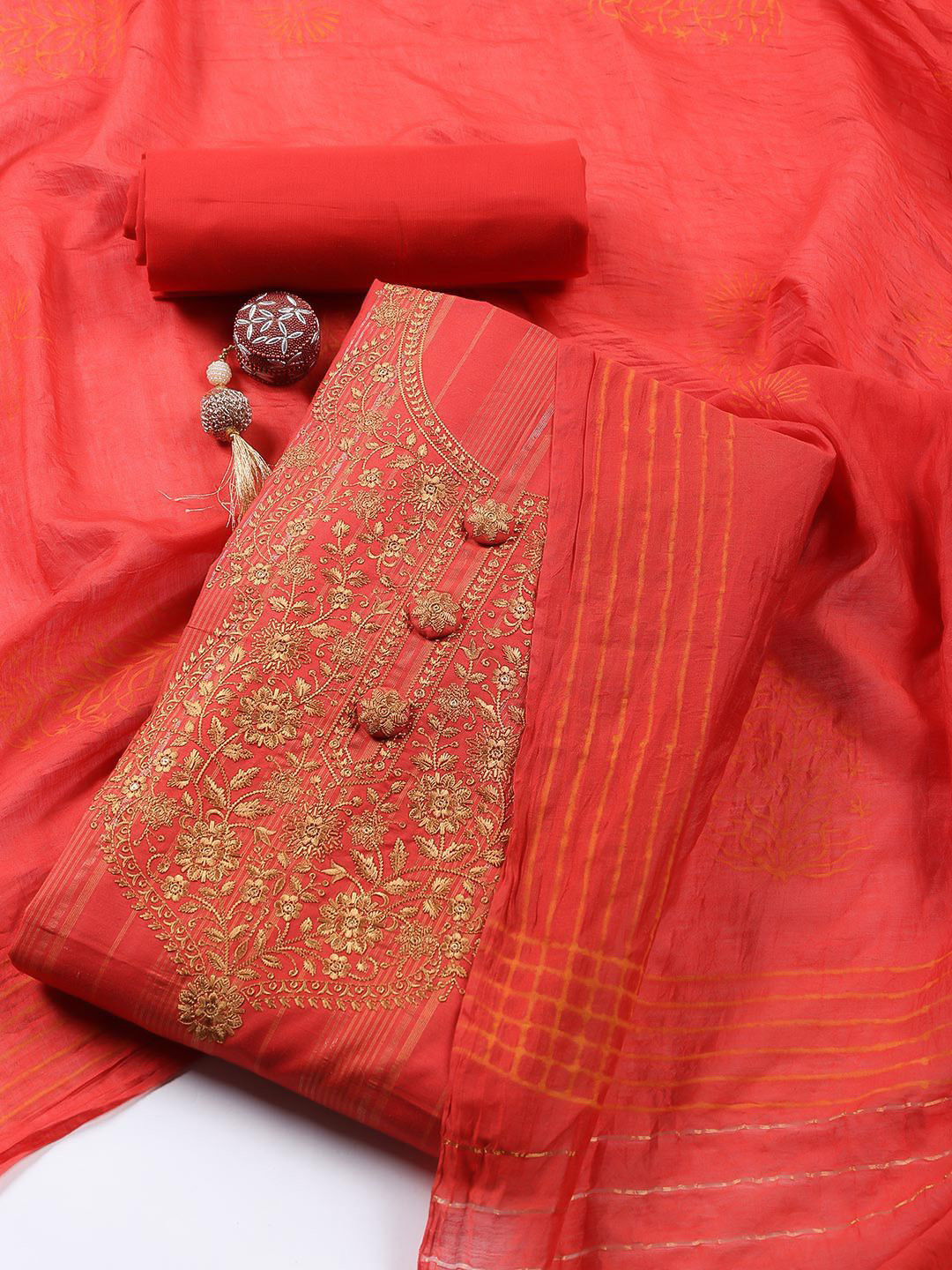 

Meena Bazaar Floral Embroidered Cotton Unstitched Dress Material, Red