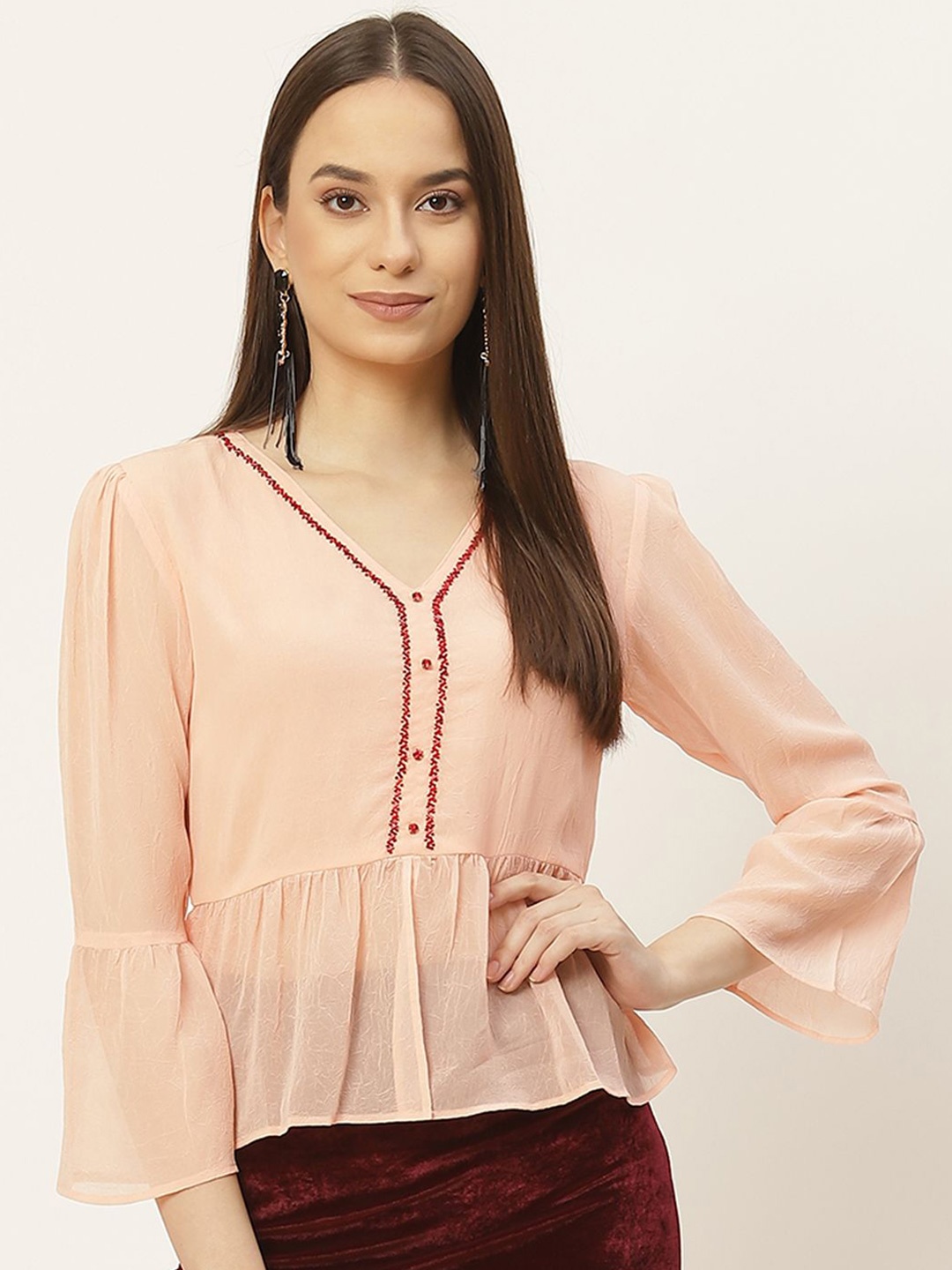 

Moda Rapido Women V-Neck Bell Sleeve Georgette Crop Peplum Top, Peach