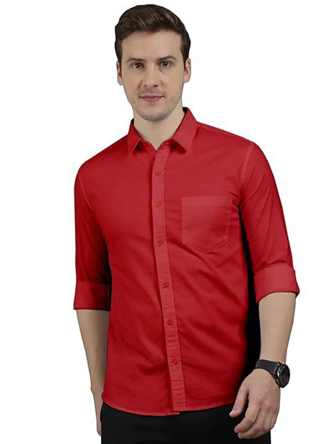

BAESD Men Standard Slim Fit Twill Shirt, Red
