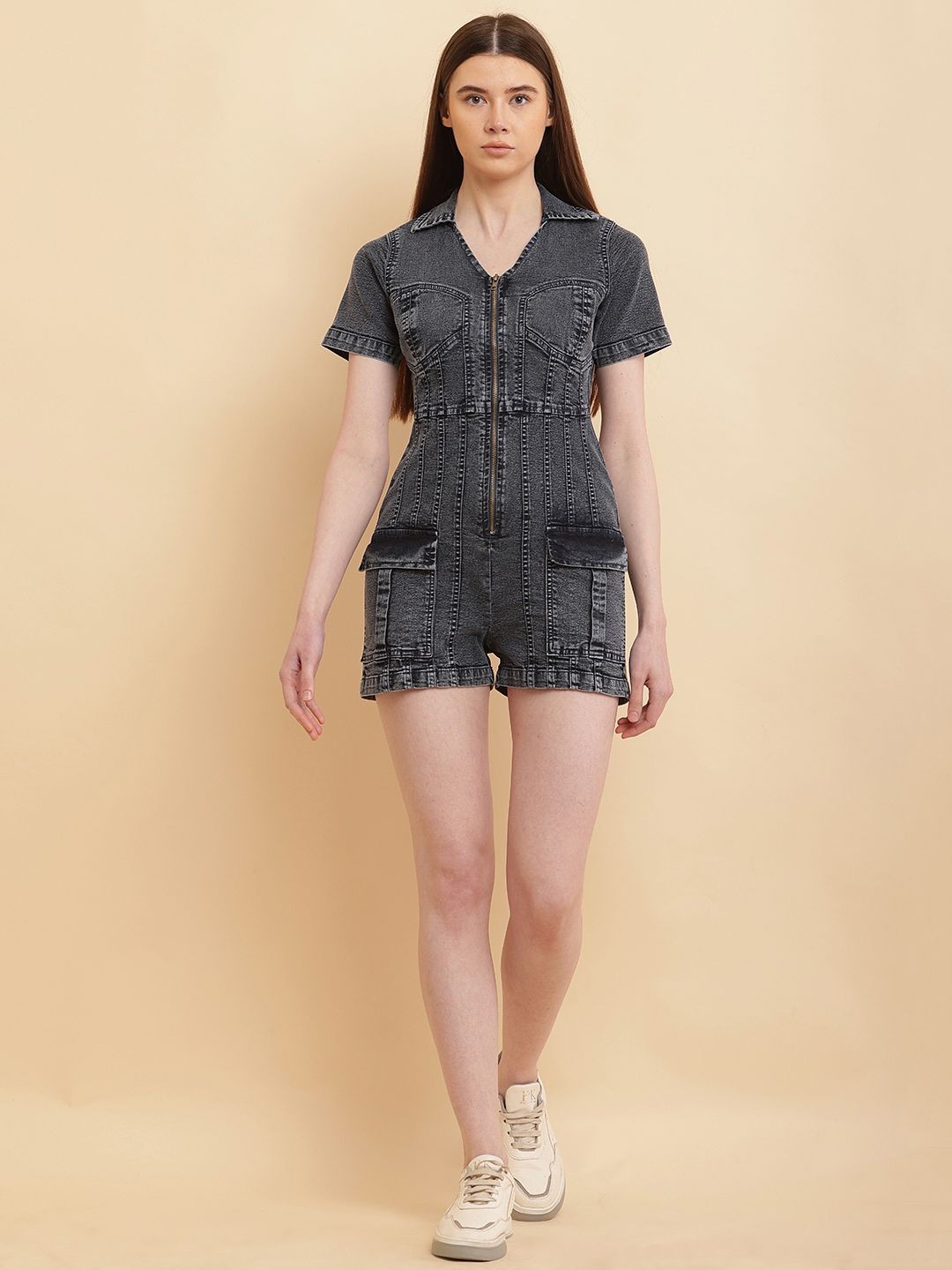 

PUELLA Women Shirt Collar Denim Playsuit, Grey