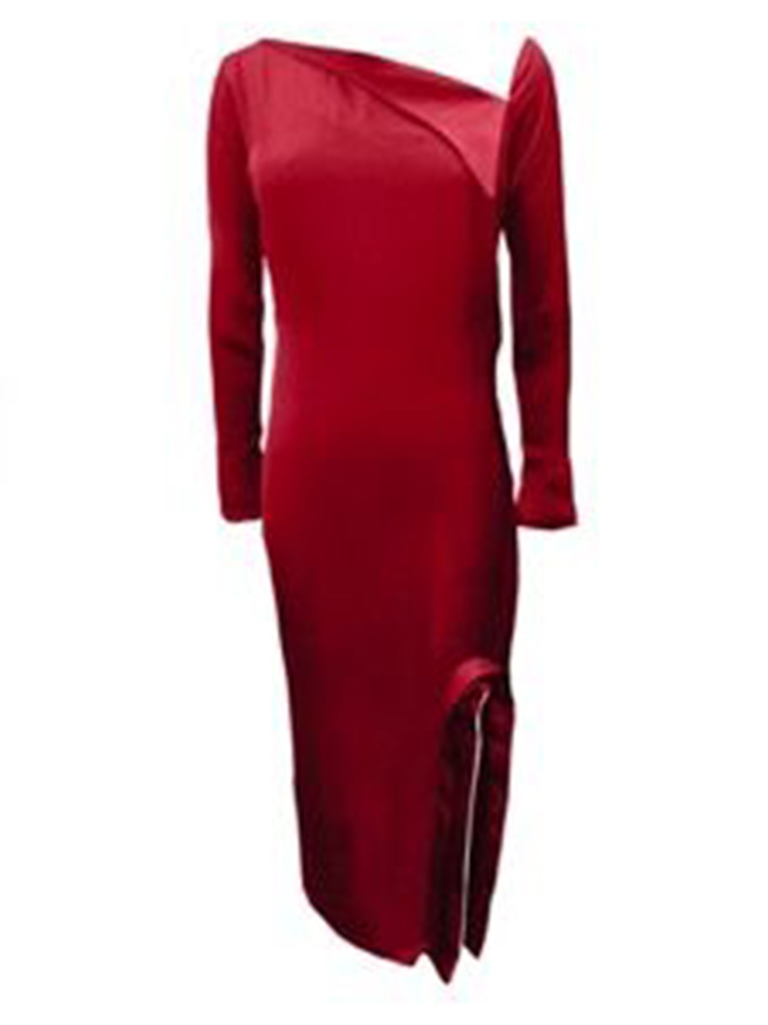 

Shivanii Women Asymmetric Neck Satin Bodycon Midi Dress, Red