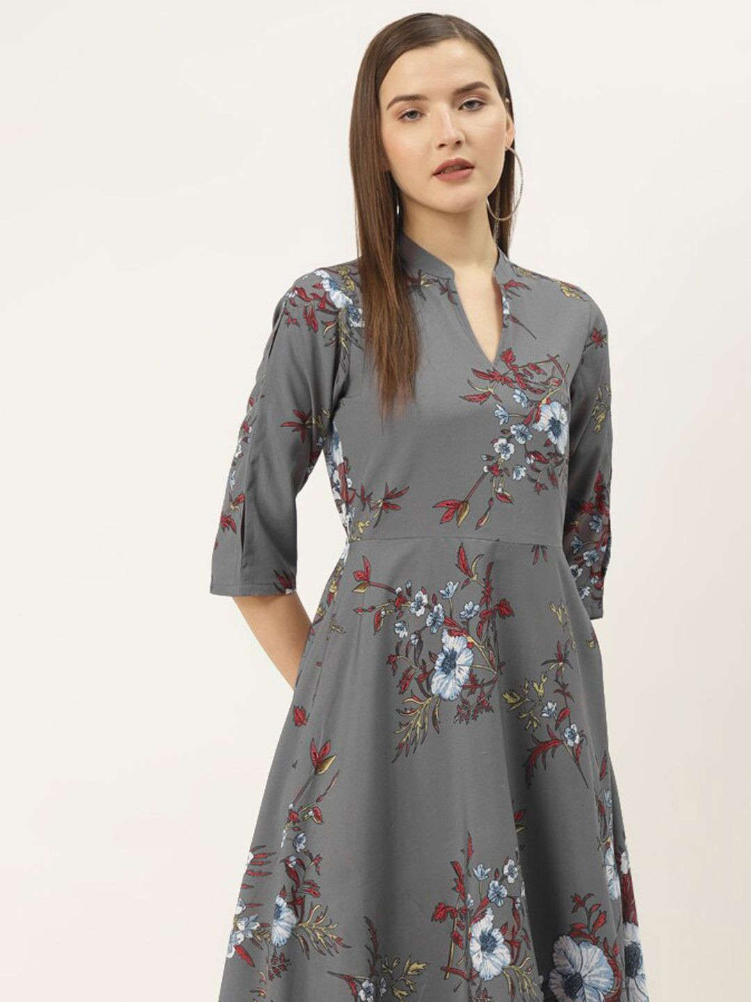 

DressBerry Floral Print Crepe A-Line Midi Dress, Grey