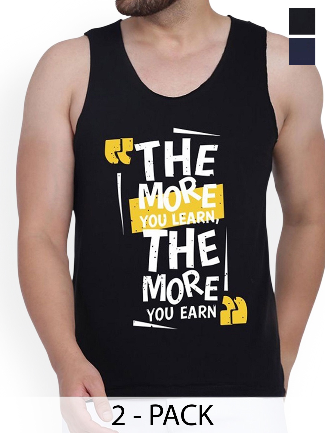 

WOOSTRO Pack Of 2 Printed Cotton Gym Vests RS26 CMB (HARD NAVY) (MORE BLACK), Navy blue