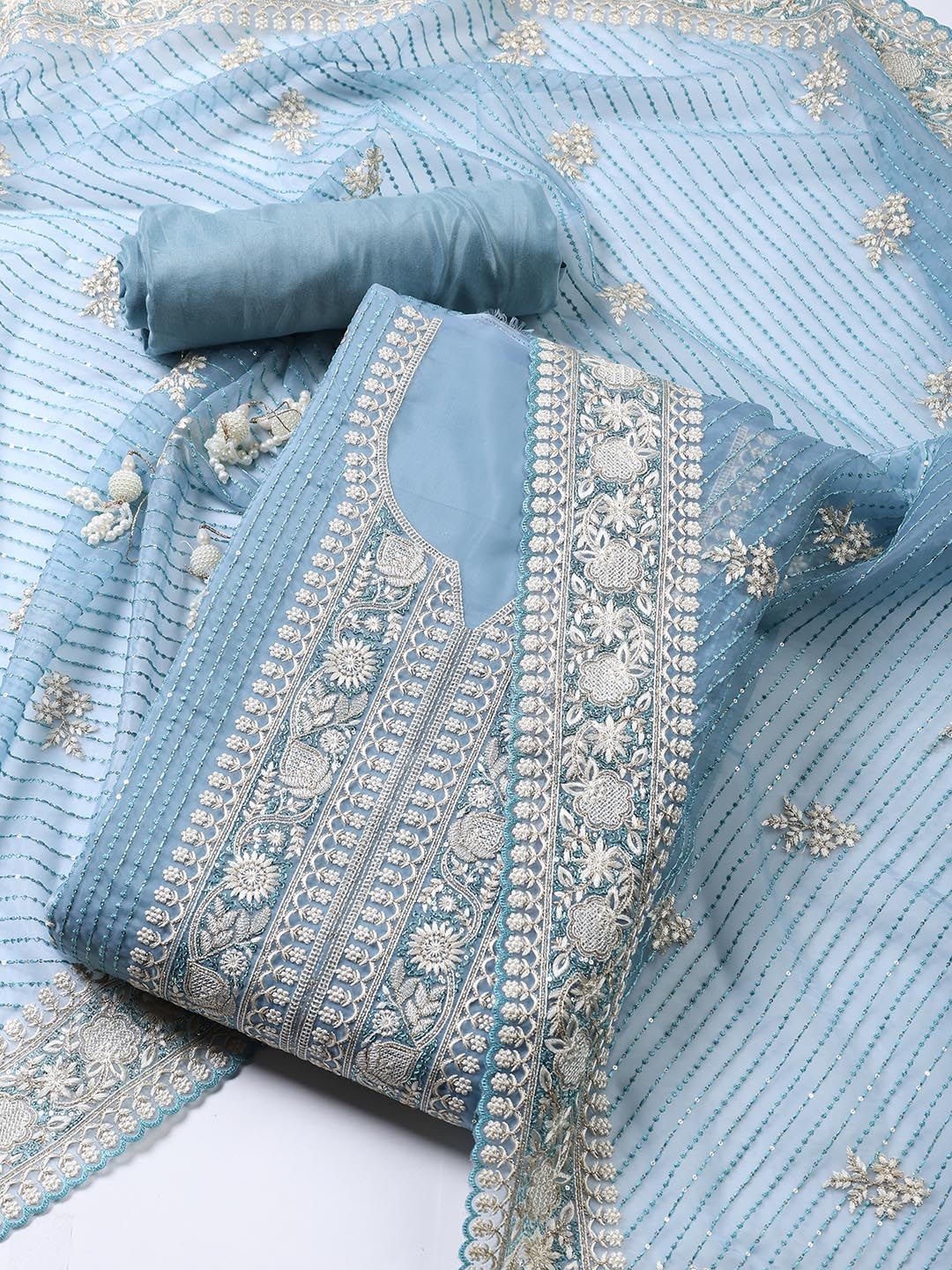 

Meena Bazaar Floral Embroidered Organza Unstitched Dress Material, Blue