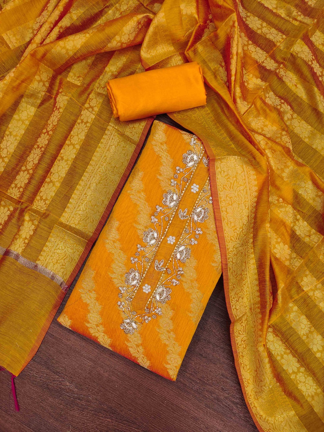 

Blissta Floral Woven Design Beads And Stones Banarasi Silk Unstitched Dress Material, Orange