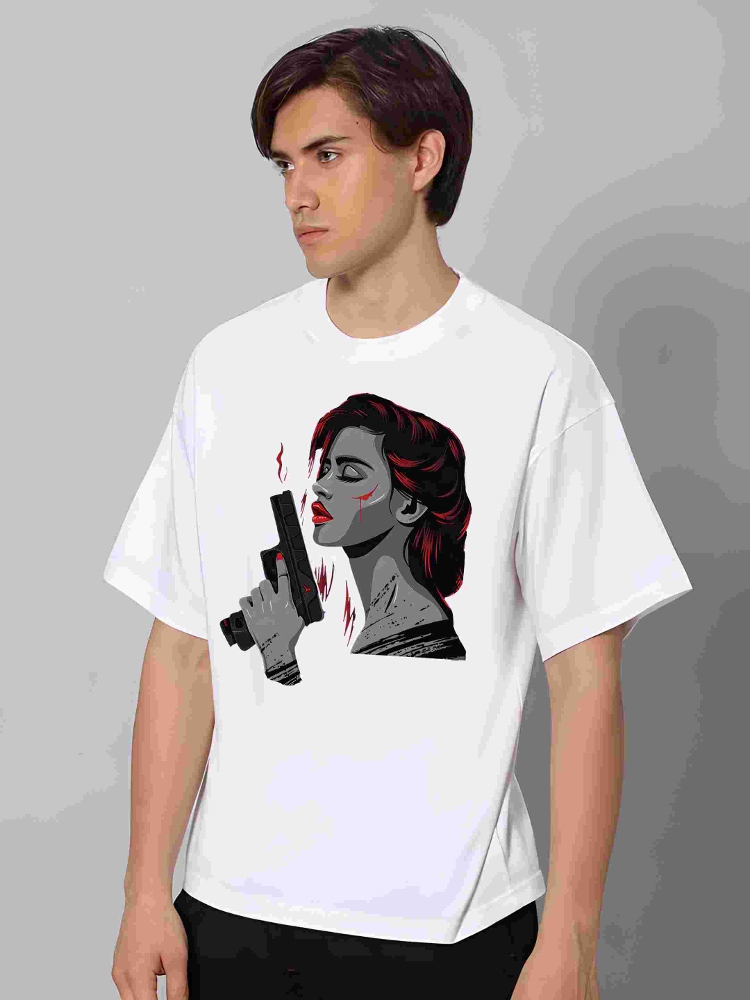 

Krimmple Men Graphic Printed Round Neck Cotton Oversized T-shirt, White