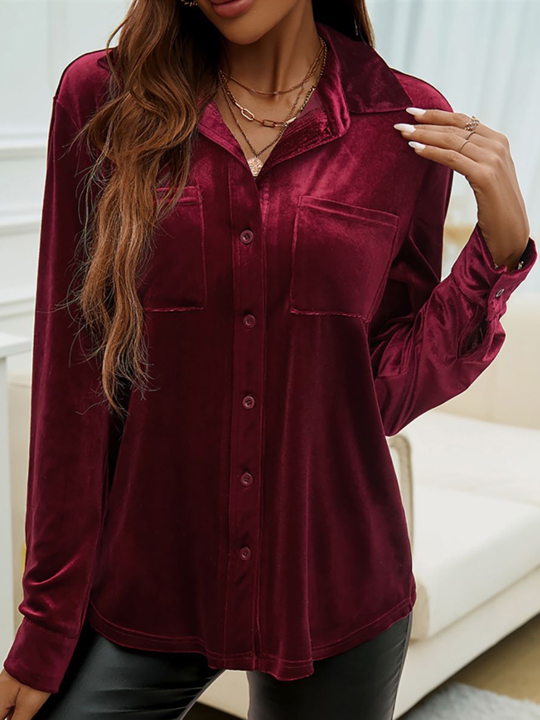 

StyleCast x Revolte Women Spread Collar Solid Casual Shirt, Maroon