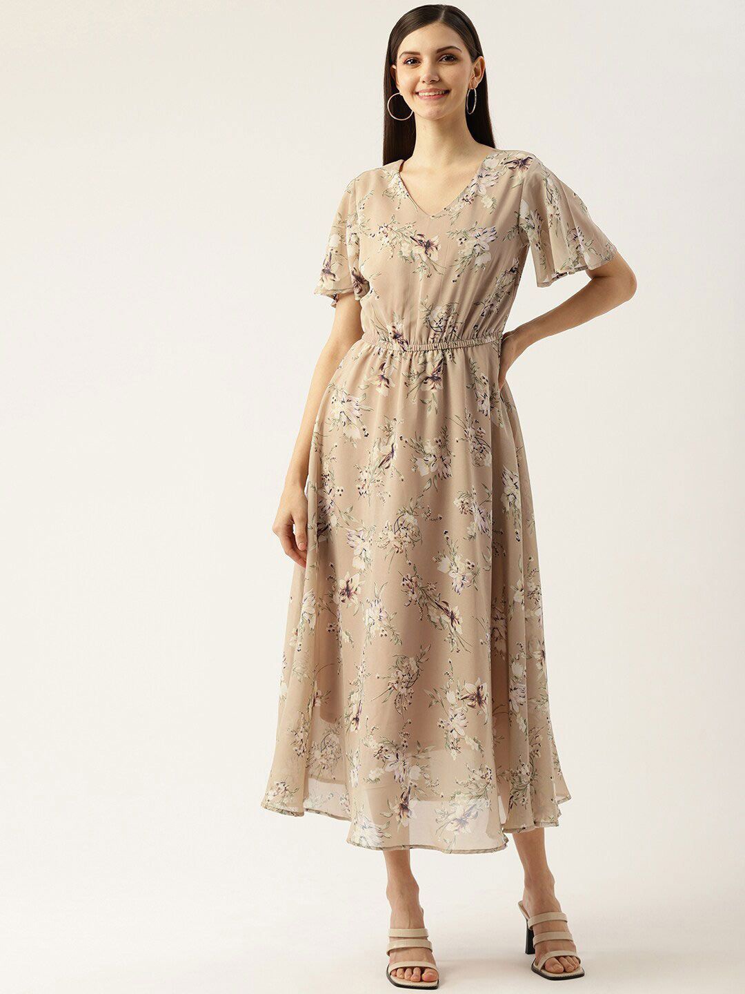 

DressBerry Floral Print Flared Sleeve Georgette Fit & Flare Midi Dress, Cream