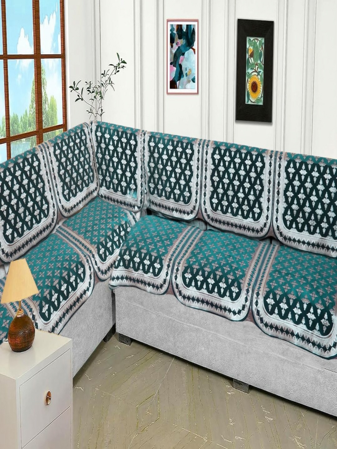 

Fashion Throw Teal & White 6 Pieces Printed Jacquard 7 Seater Sofa Cover