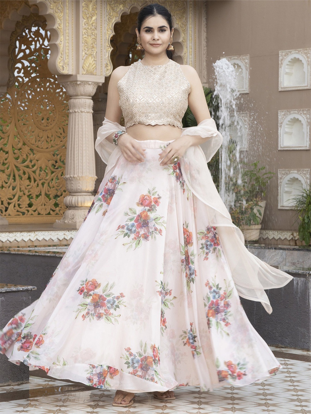 

Glomee Embroidered Mirror Work Ready to Wear Lehenga & Blouse With Dupatta, Beige