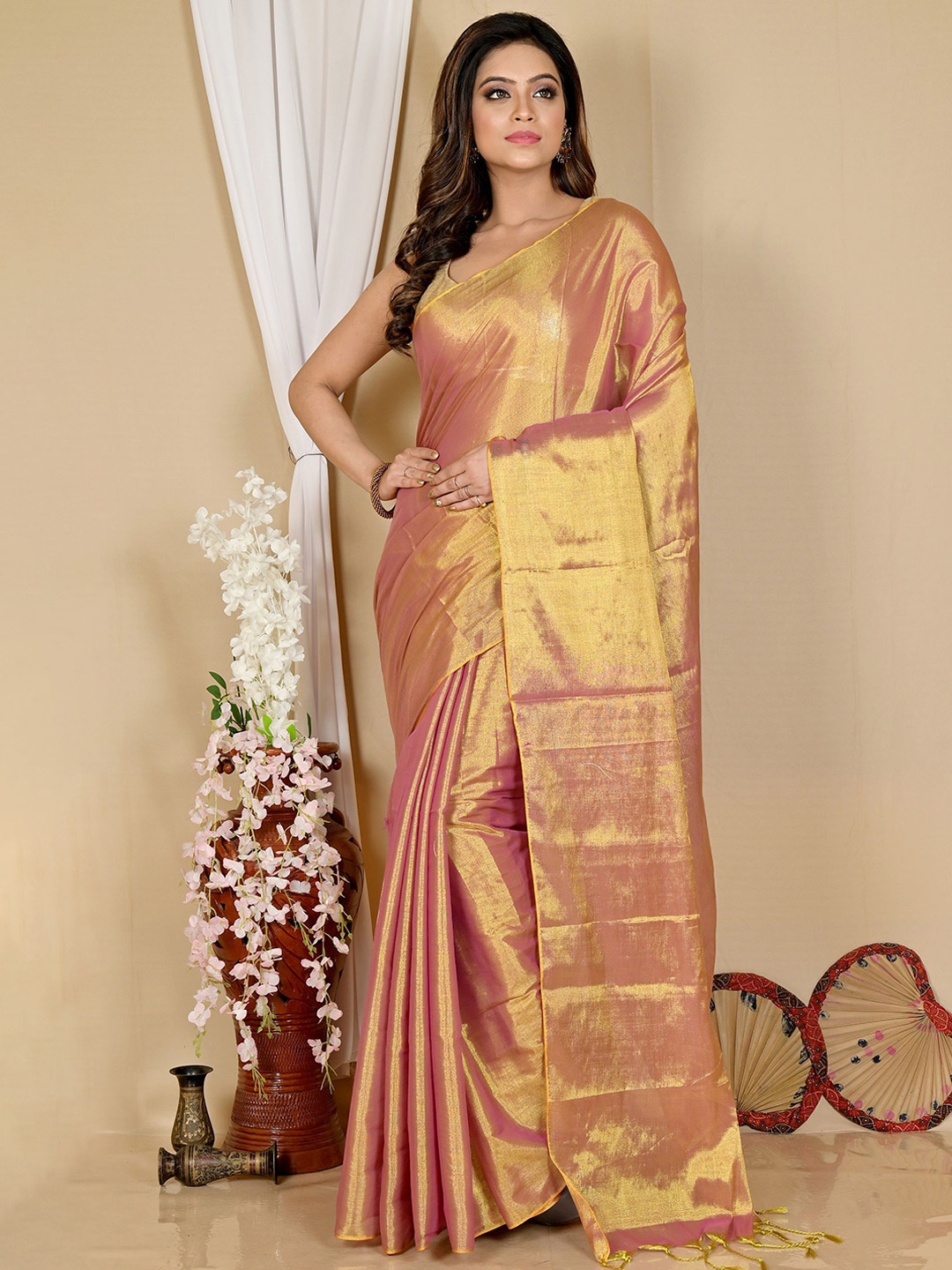 

PuJoy Pure Cotton Taant Saree, Gold