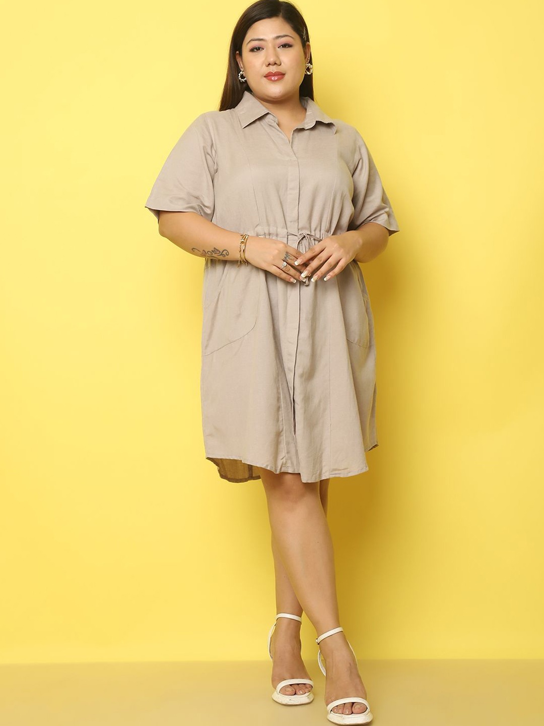 

theRebelinme Women Plus Size Linen A-Line Midi Dress, Beige