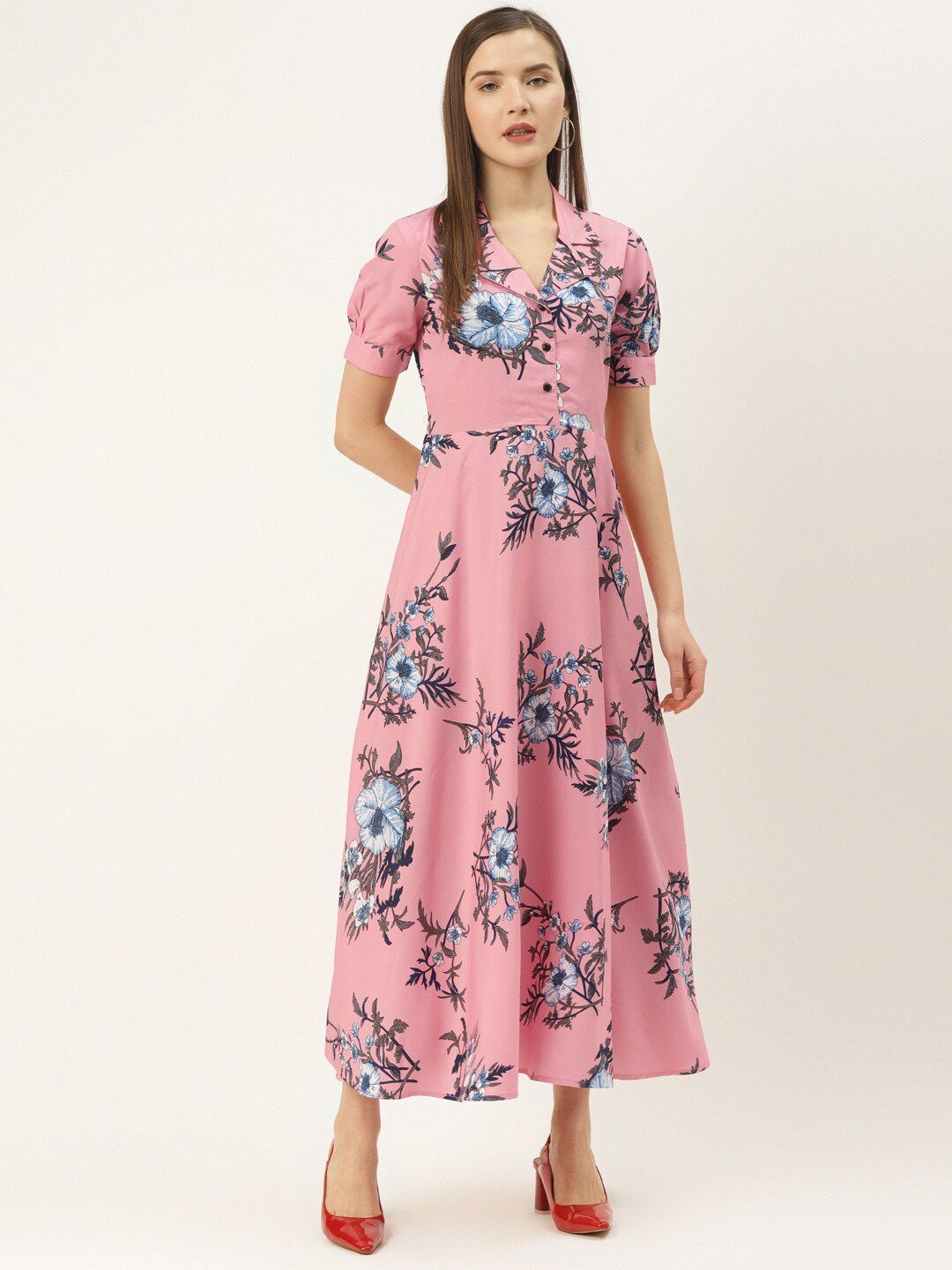 

DressBerry Floral Print Puff Sleeve Crepe Maxi Dress, Pink