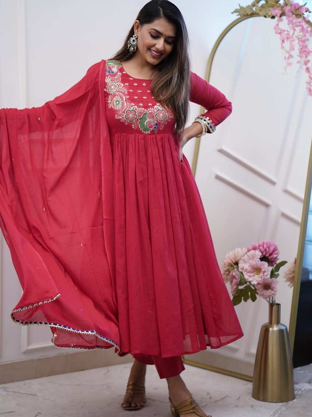 

KALINI Floral Embroidered Round Neck Anarkali Kurta With Trousers And Dupatta, Maroon