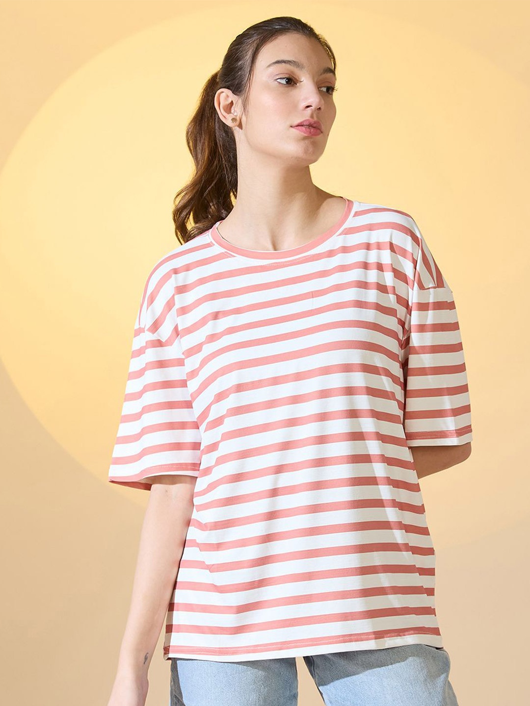 

DressBerry Women Striped Drop-Shoulder Sleeves Regular Fit T-shirts, Red