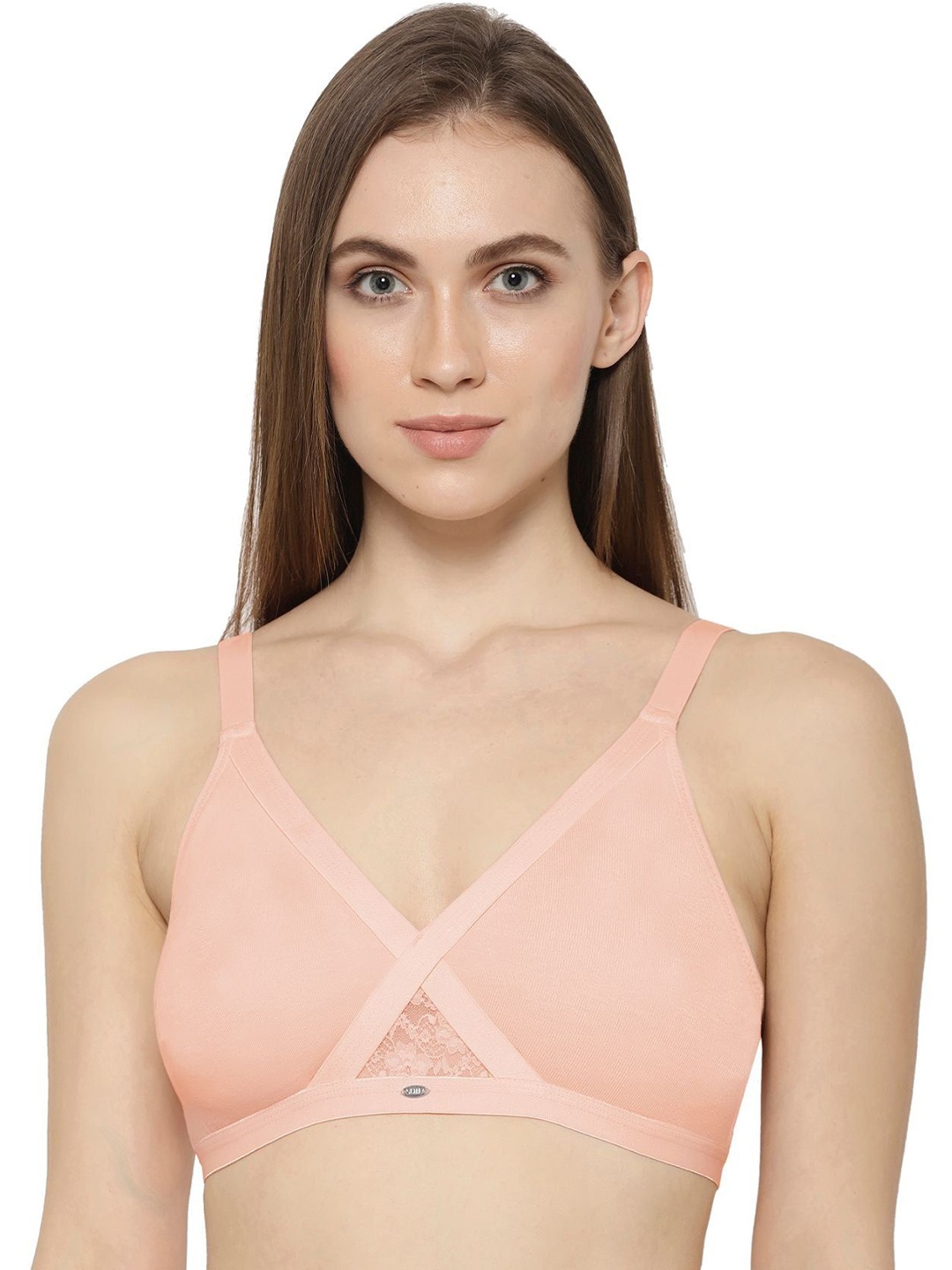 

Soie Women Full Coverage Cross Over Non padded Non Wired Bra, Peach