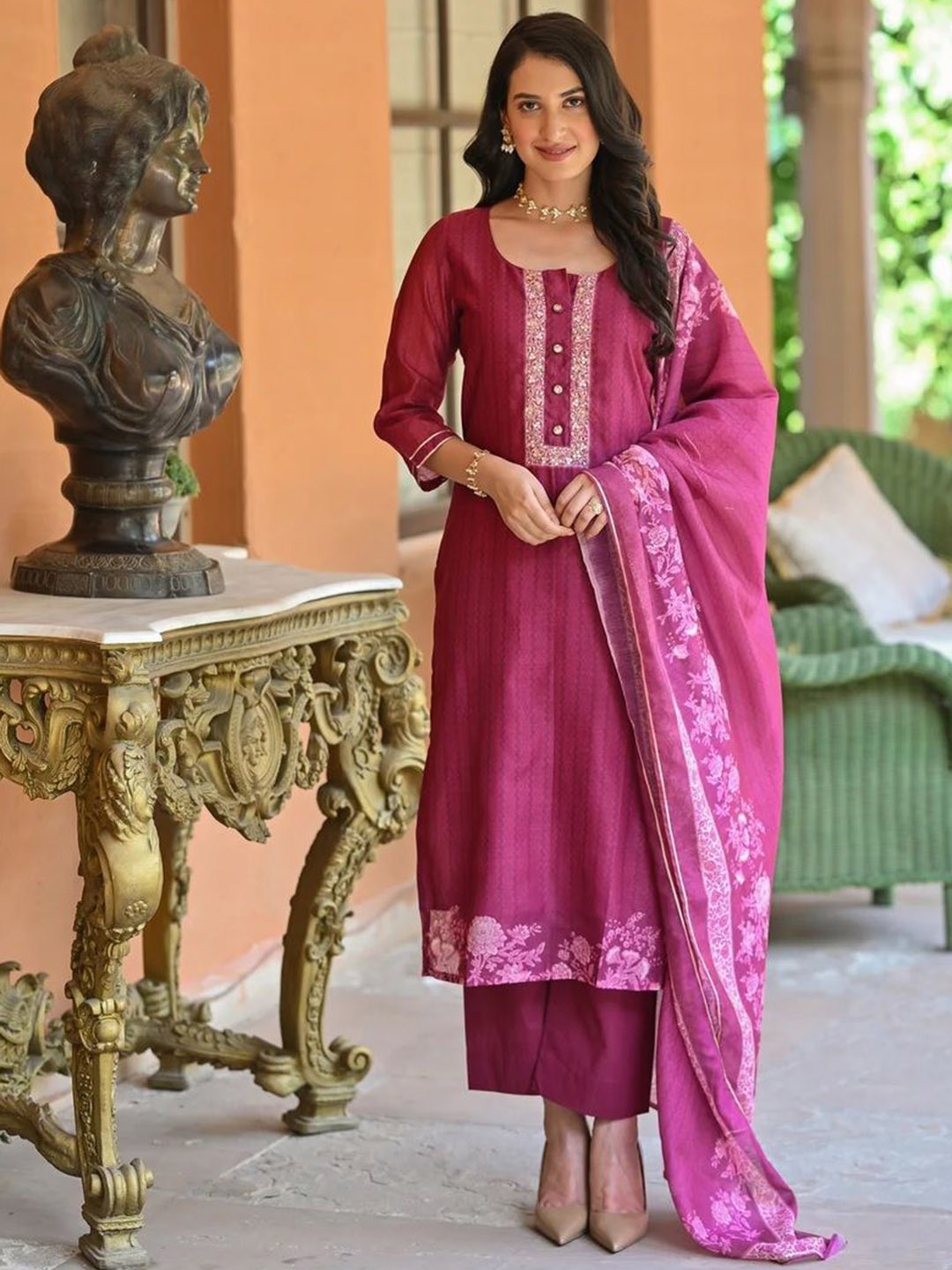 

KALINI Sequinned Round Neck Straight Kurta With Trousers And Dupatta, Pink