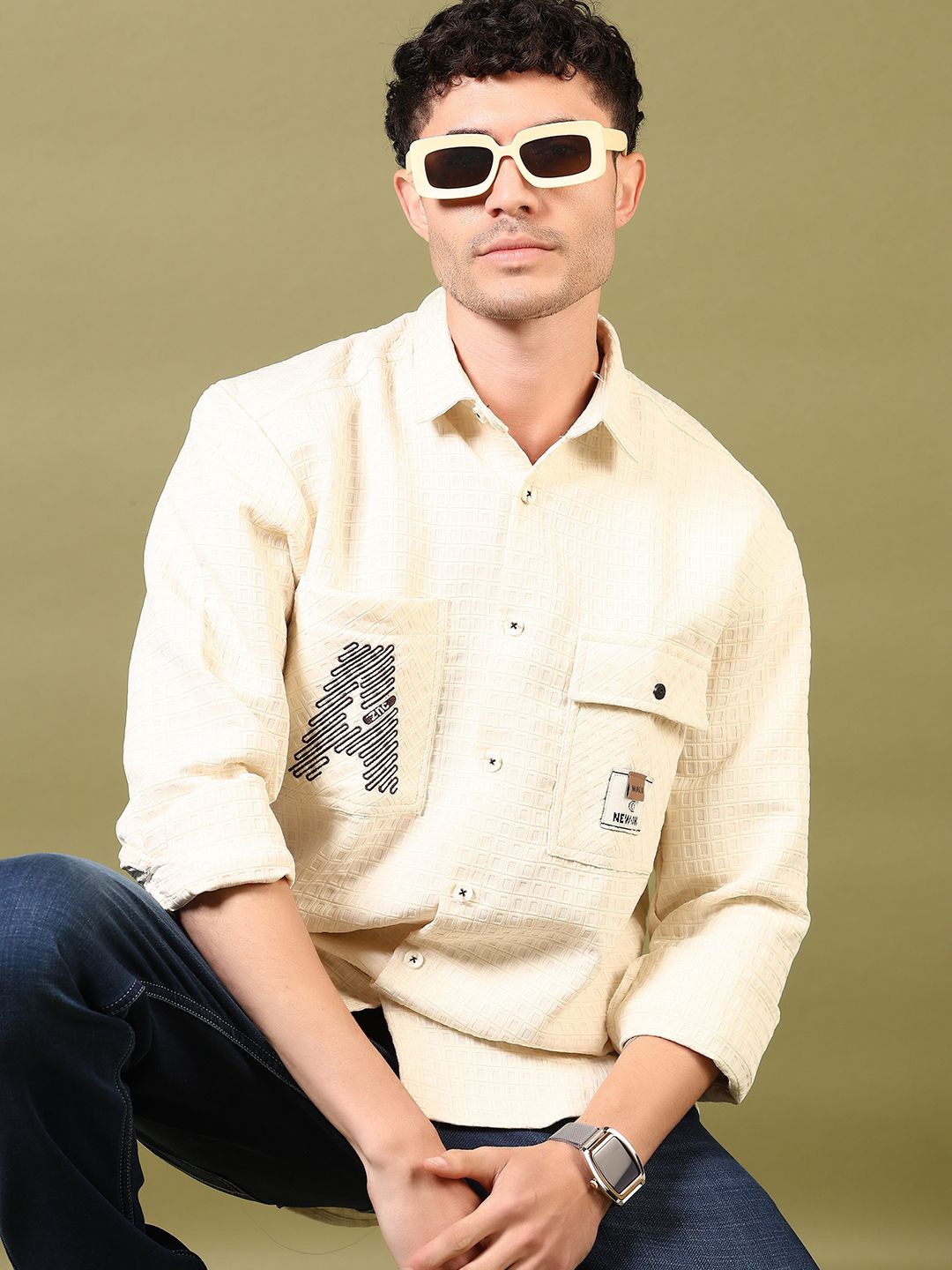 

V-Mart Men Spread Collar Typography Printed Cotton Casual Shirt, Beige