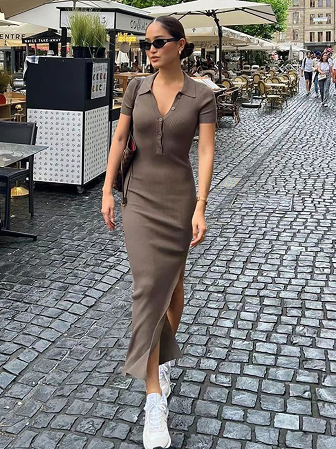 

StyleCast x Revolte Women Chiffon Bodycon Midi Dress, Brown