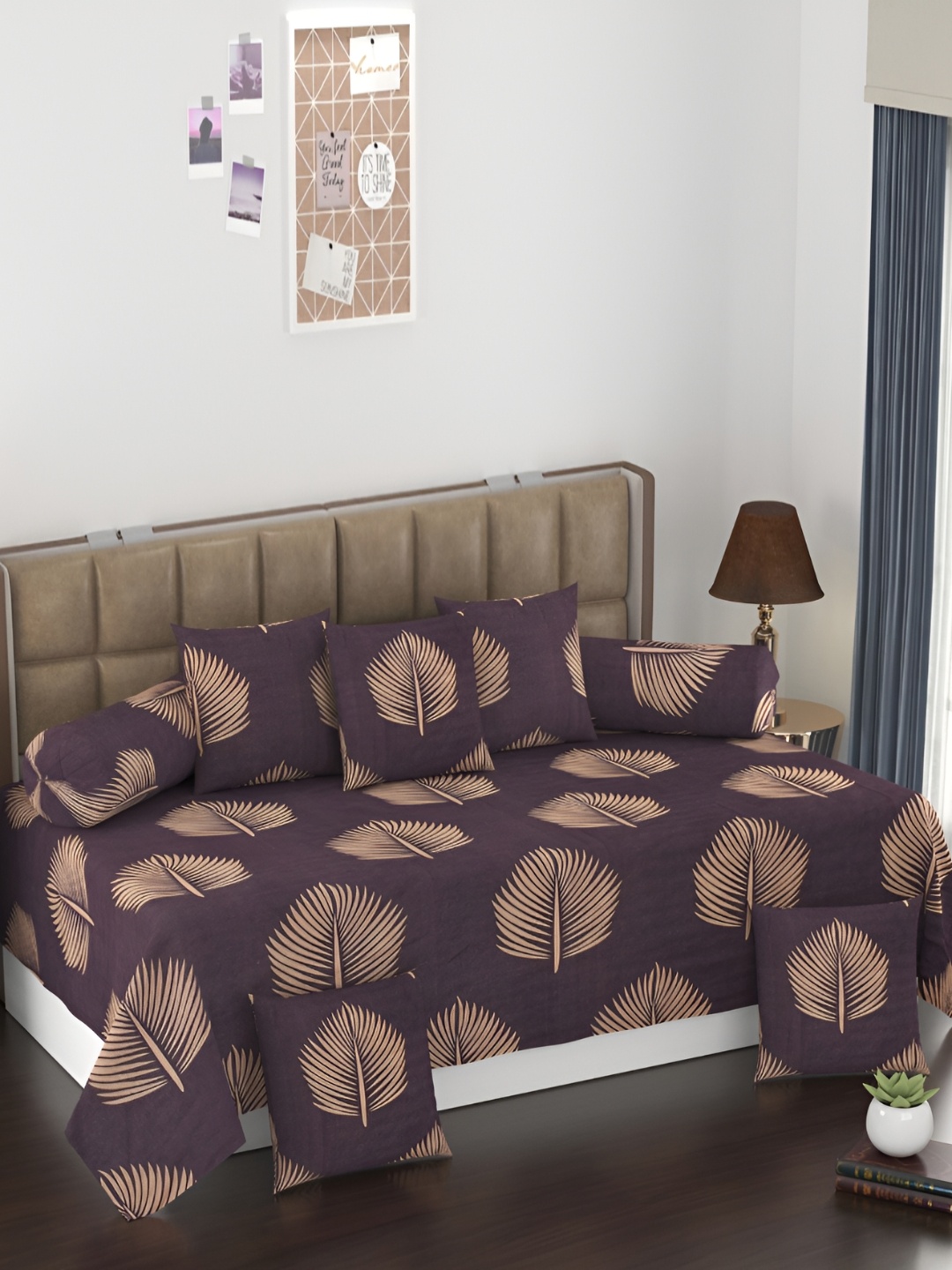 

Jizzby 8-Pcs Brown & Beige Printed Bed Sheet & 2 Booster With 5 Cushion, Violet