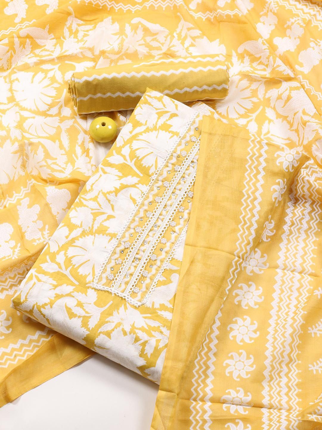 

Meena Bazaar Floral Printed Unstitched Dress Material, Yellow