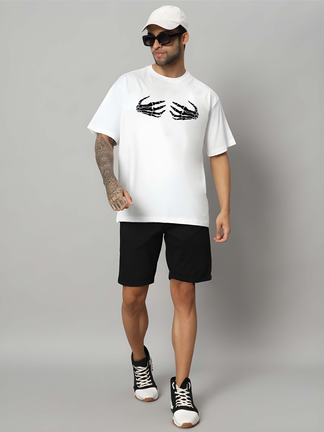 

Krimmple Men Graphic Printed Round Neck Cotton Oversized T-shirt, White