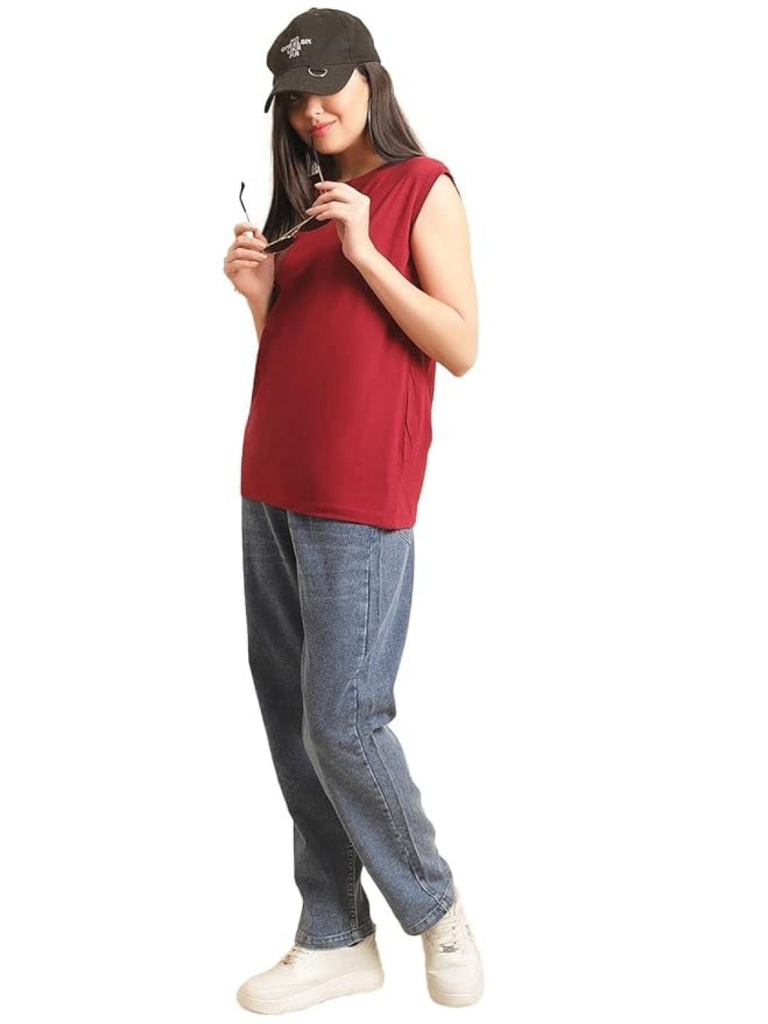 

NOTWILD Women Solid Round Neck Cotton T-shirt, Maroon