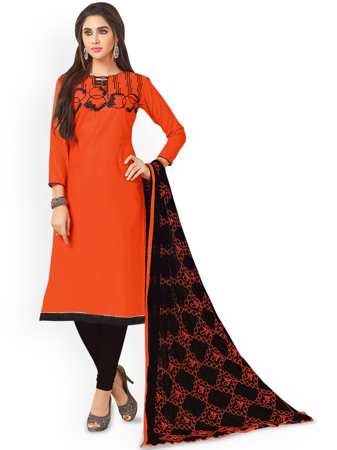 

HERE&NOW Abstract Embroidered Unstitched Dress Material, Orange