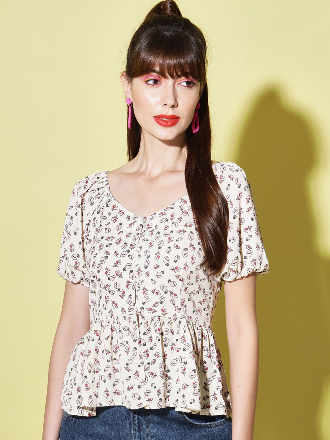 

Moda Rapido Floral Printed Puff Sleeve Peplum Top, Cream