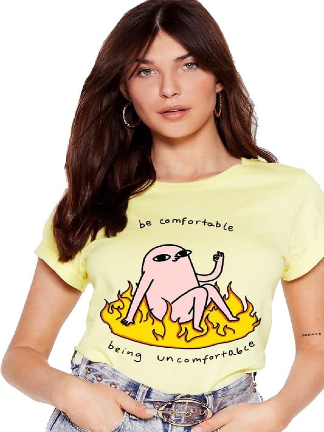 

VLAM Women Typography Printed Extended Sleeves Raw Edge T-shirt, Yellow
